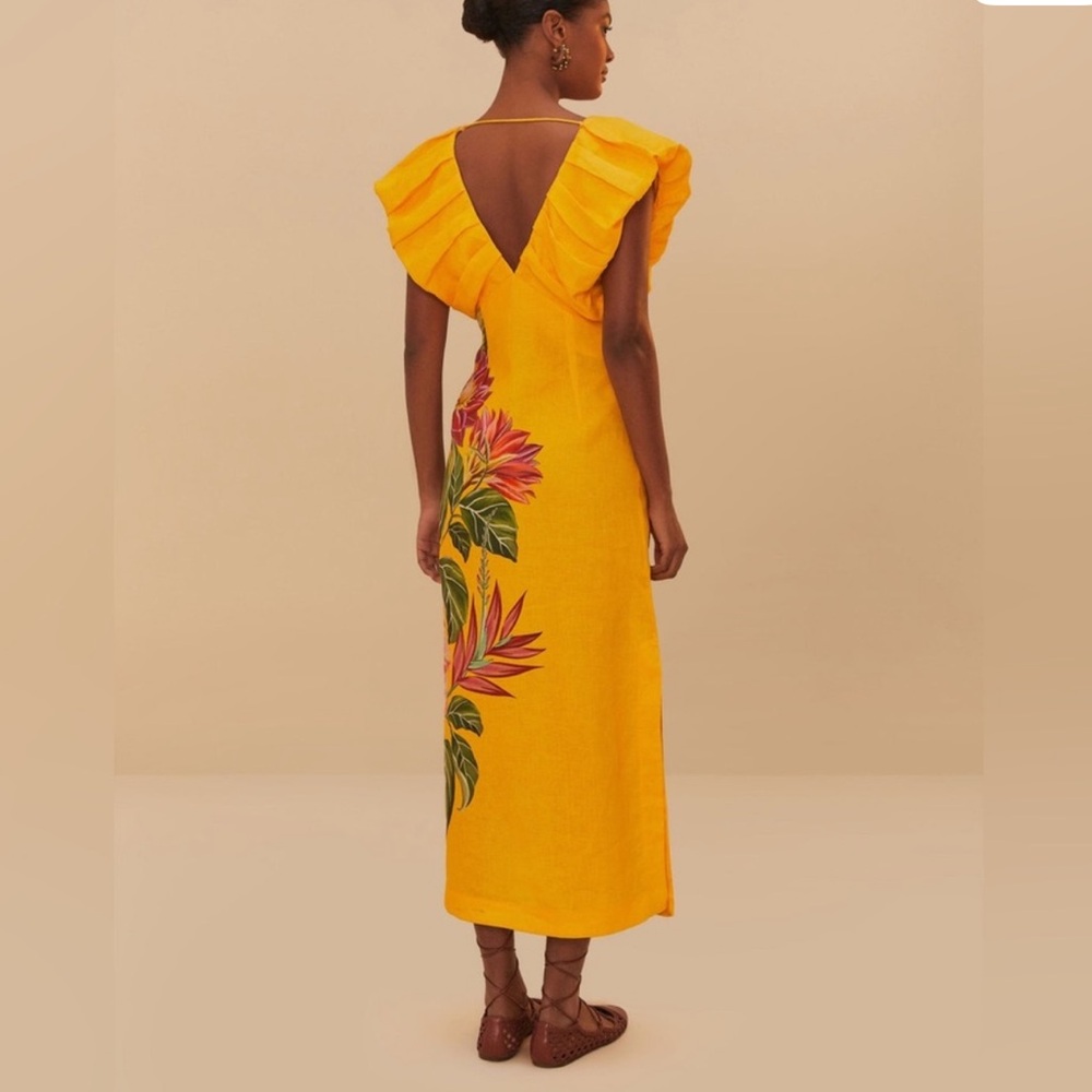 FARM Rio Yellow Spring Awakening Euroflax linen Tropical Floral VNeck Maxi Dress - Picture 3 of 10